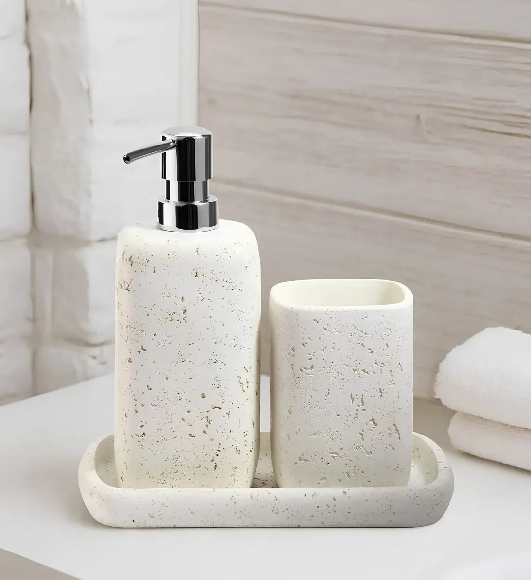 Bath Set 3pcs | Soap Dispenser, Toothbrush Holder & Tray – 4611 (Soap Dispenser: 7.4 × × 7.4 × × 20.3 cm (230 ml); Toot...
